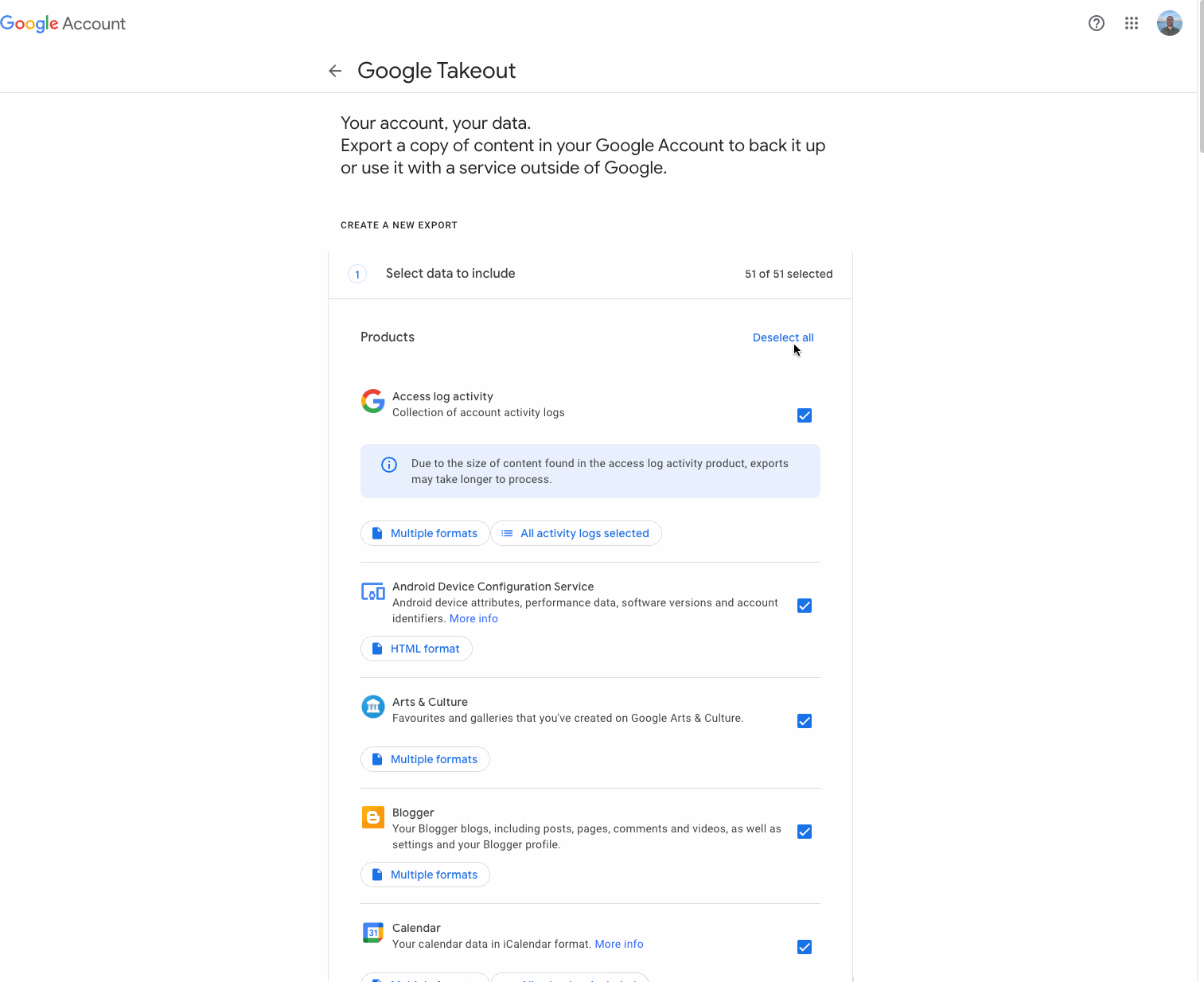 Gif of Google Takeout available services
