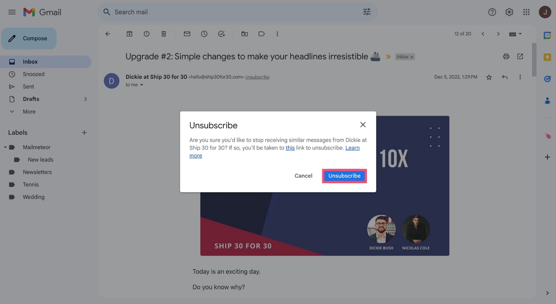Gmail unsubscribe button