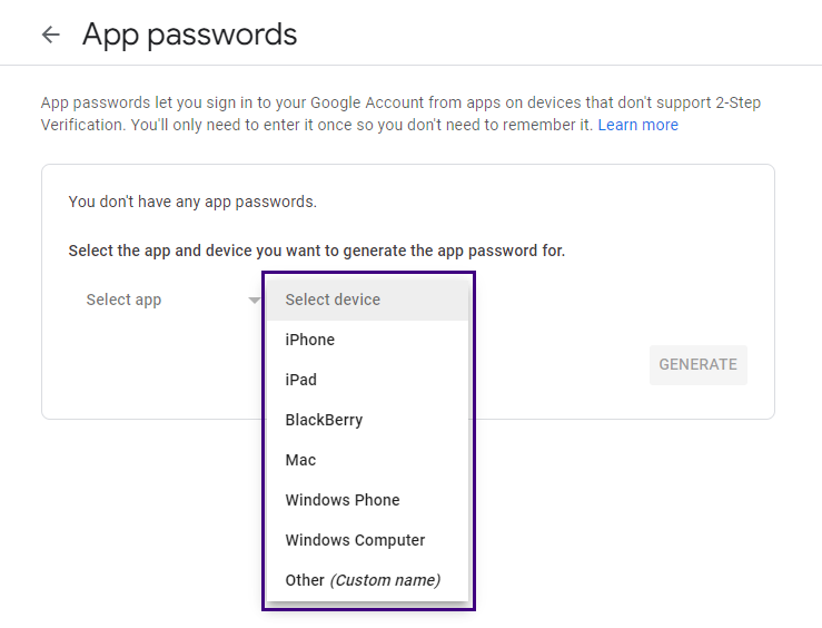 Select device for app passwords