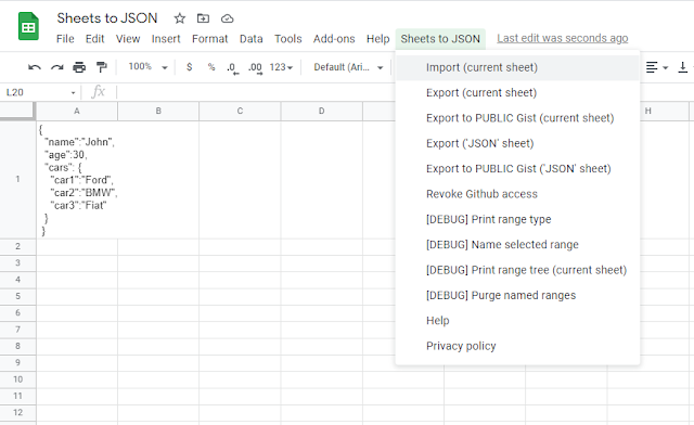 Screenshot of Sheets to JSON