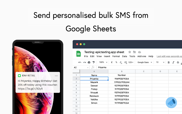 Screenshot of Send SMS from Google Sheet - Epictexting App